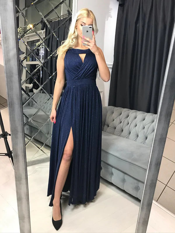 Luolandi Simple Jewel A-line Prom Dresses Lace Evening Gowns Sparkly Party Dress With Slit